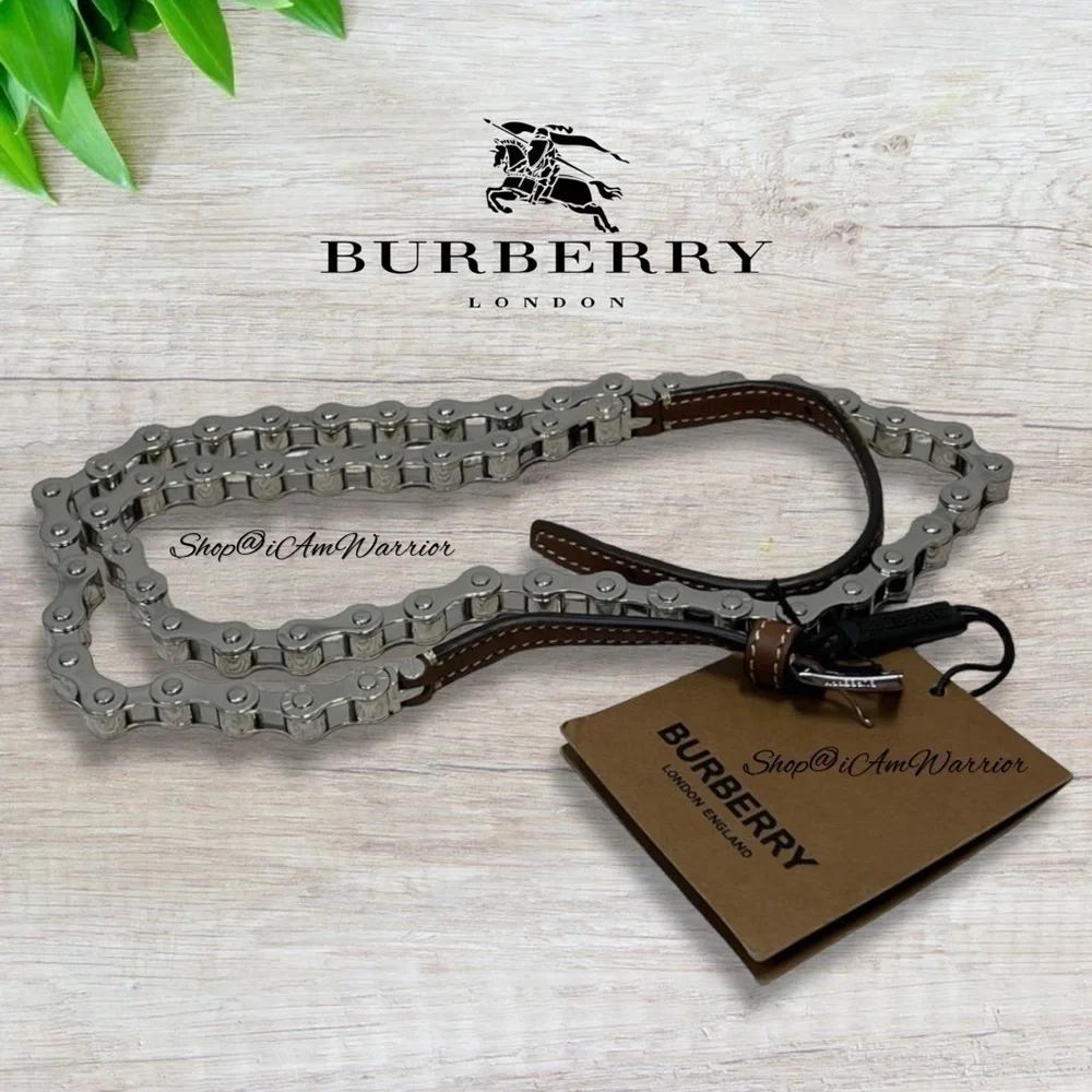 Authentic Burberry malt brown leather silver tone bicycle chain belt *iamwarrior